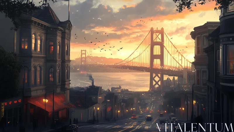 Golden Gate bridge at sunset viewed from city street.