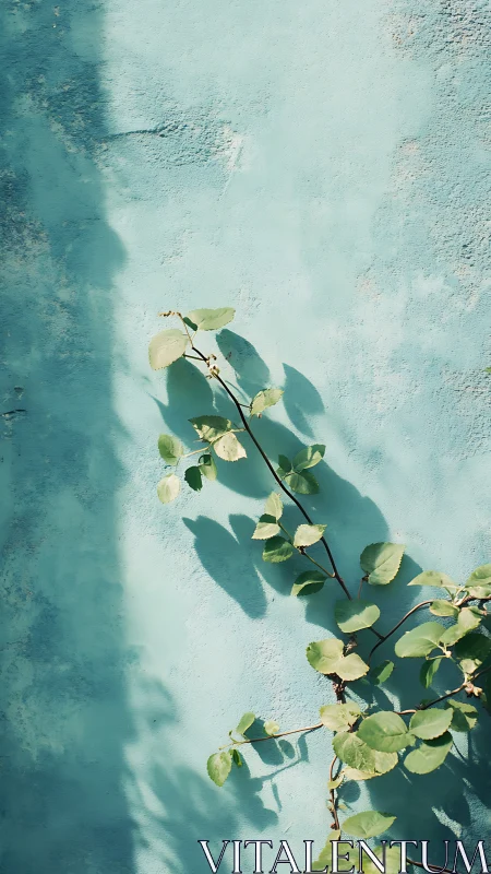 Sunlit vine shadows climbing a textured turquoise wall.