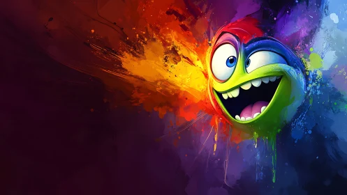Exploding rainbow smiley bursts through vivid paint splash.