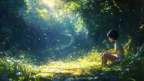 Luminous forest glade with seated youth, anime digital painting.