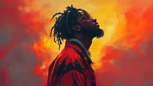 Profile portrait against vivid orange and red sky backdrop.