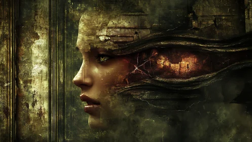 Mysterious cybernetic woman gazes from a fractured metal world