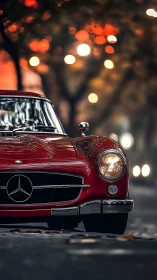 Red classic Mercedes front view on city street at dusk.