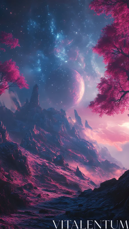 Alien ridge under nebula sky with magenta forests.
