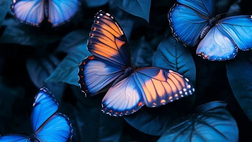 Blue butterflies on dark foliage with orange wing highlights.