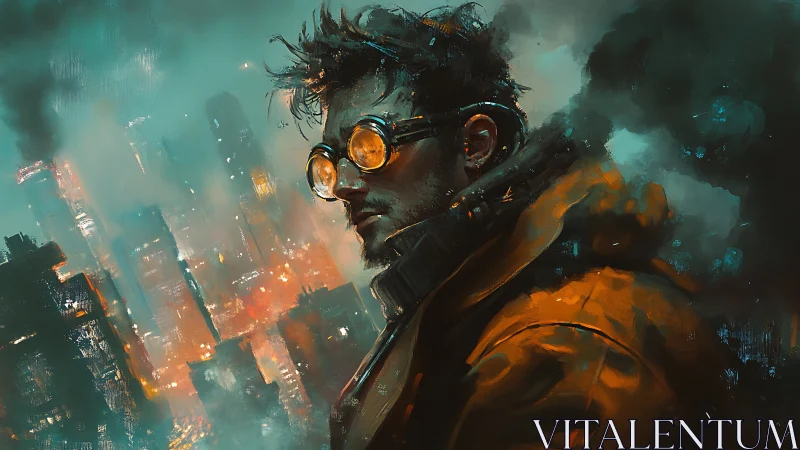 Hardened survivor in burning futuristic city at night.