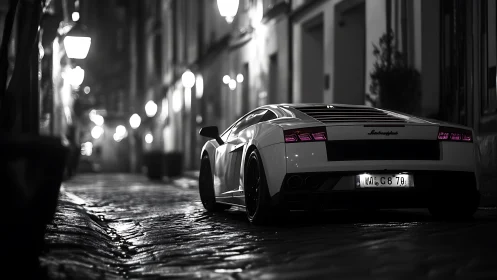 Sleek Lamborghini waits under moody lights on wet city street