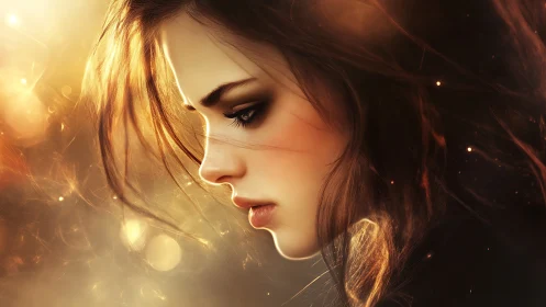 Luminous profile study of young woman in warm bokeh field.