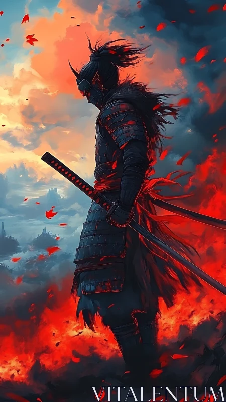 Lone armored samurai walks through burning embers at dusk