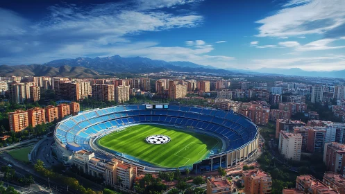 Sunlit football stadium encircled by dense city skyline and hills