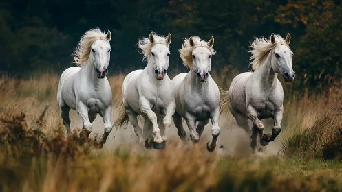 Four white horses galloping through autumn meadow at speed