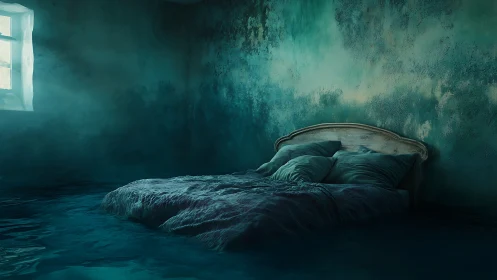Submerged bedroom interior renders an oneiric aquatic atmosphere