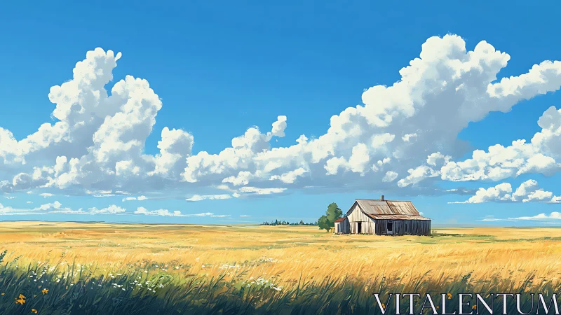 Weathered farmhouse rests under vast summer prairie sky