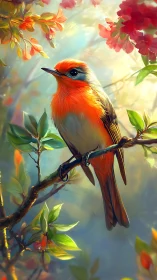 Digital songbird study amid glowing spring foliage.