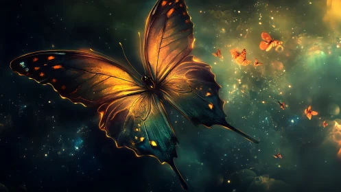 Digital painting of luminous cosmic butterfly in nebular space.
