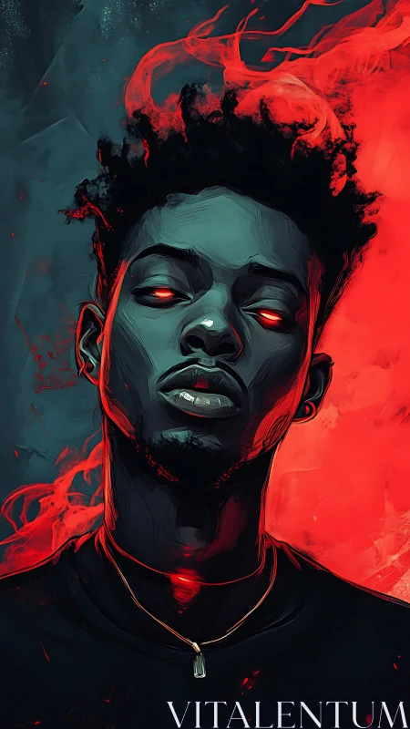 Stylized portrait with red glow and dual-tone background.