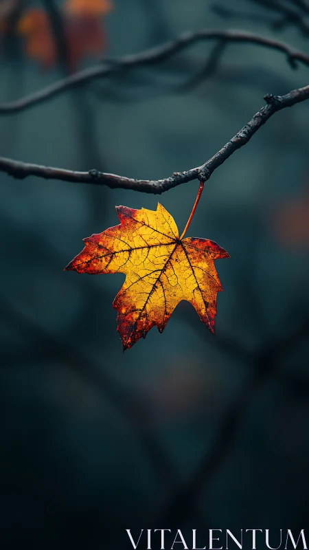 Last ember of autumn glows softly in the forest hush