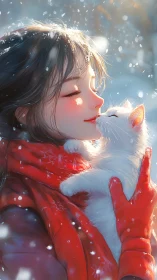 Digital winter portrait depicts girl holding white kitten closely