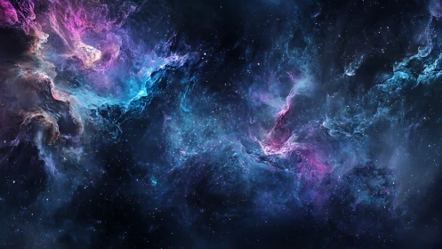 Nebula clouds swirl through deep cosmic starfield panorama.