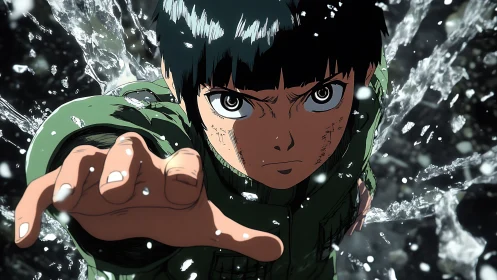 Determined anime hero reaches forward through crashing water