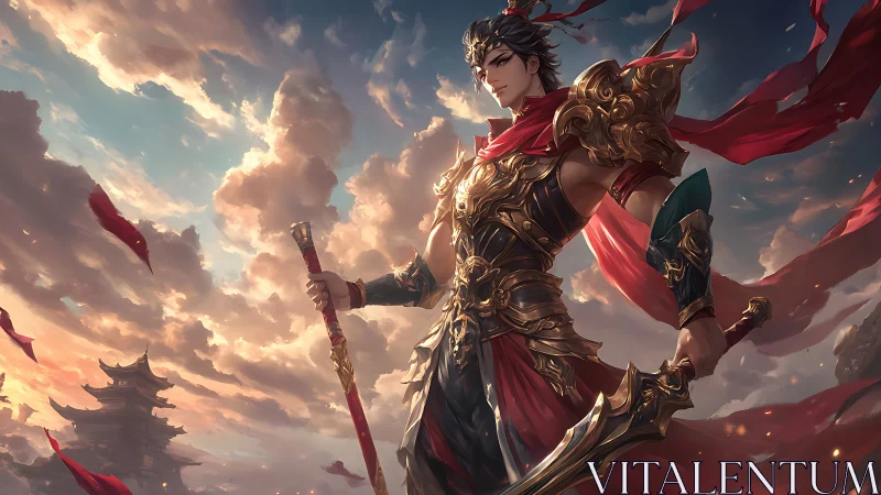 Armored warrior with spear under dramatic clouded sky.