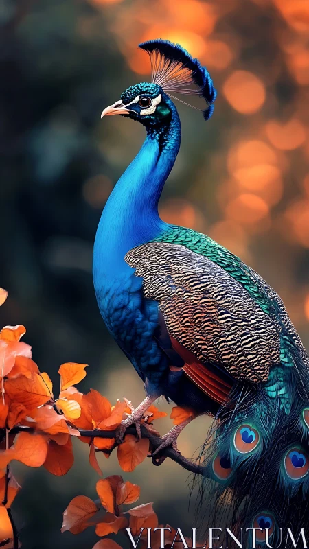 Peacock royalty balances on ember leaves and glows softly