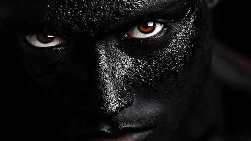 Macro facial close-up with textured black pigment and amber gaze.
