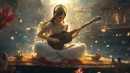 Divine musician goddess playing guitar amid golden temple light.