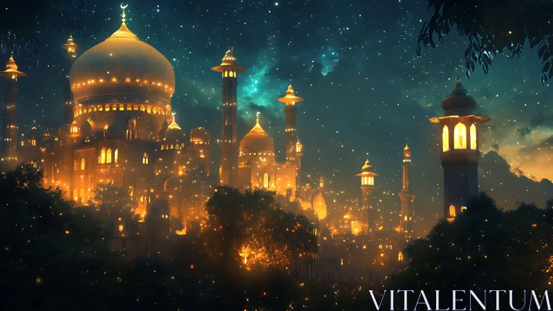 Golden night palace glowing under a dreamy starry sky.