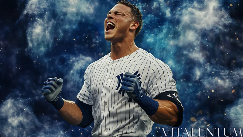 Dynamic baseball slugger isolated against nebula-like particle field