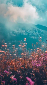 Wildflower meadow under clouds in soft teal and pink tones.