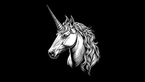 Monochrome unicorn profile with flowing mane on black.