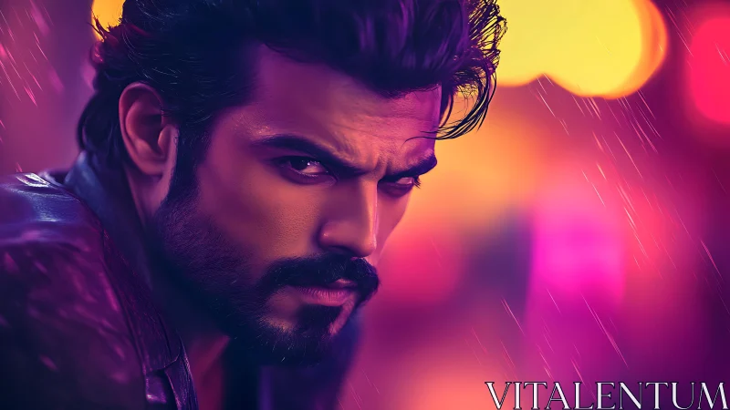 Male portrait in neon-lit rain with shallow depth of field.