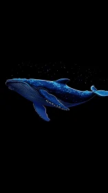 Starry blue whale drifts through a minimal cosmic void.