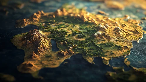Fantasy continent relief map under dramatic warm light.