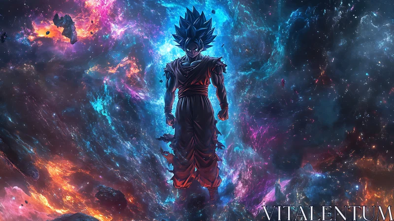 Blue-haired anime warrior floating in cosmic energy field.