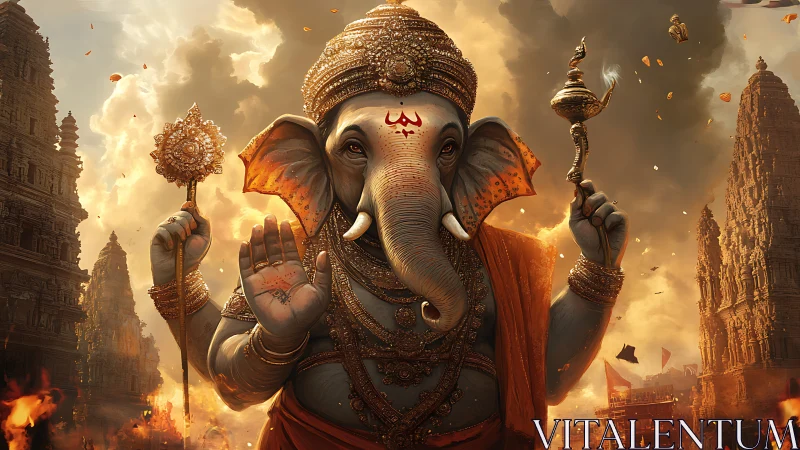 Detailed digital depiction of Ganesha amid towering temples.