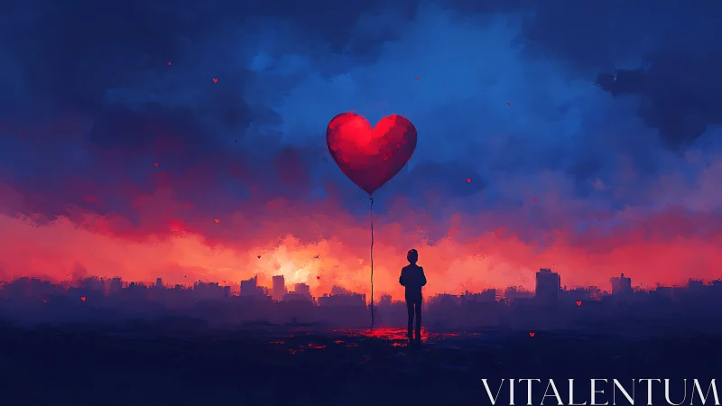 Silhouette Holding Heart Balloon at Sunset.