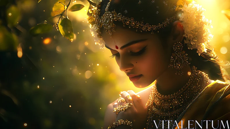 Sunlit temple muse wrapped in marigold-gold whispers.