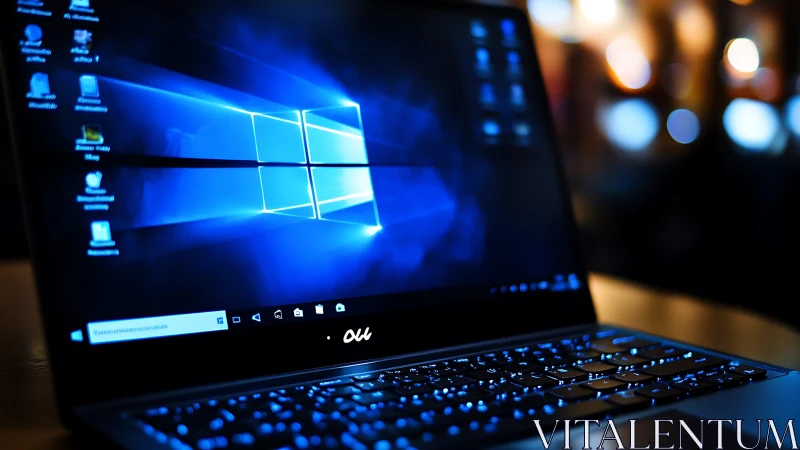 Windows laptop on desk with illuminated keyboard at night.