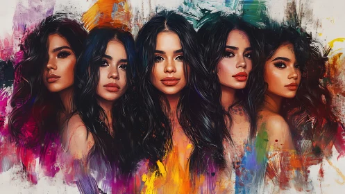 Five muses in kaleidoscopic brushstrokes of vivid allure.