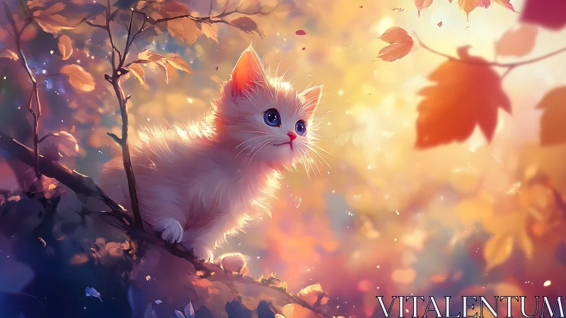 Ethereal White Kitten in Autumn Leaf Bokeh Landscape