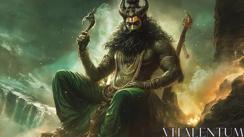 Mythic warrior deity sits amid roaring elemental chaos.