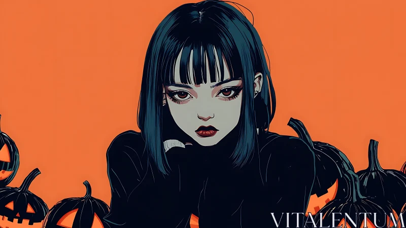 Moody gothic girl with pumpkins on solid orange background.