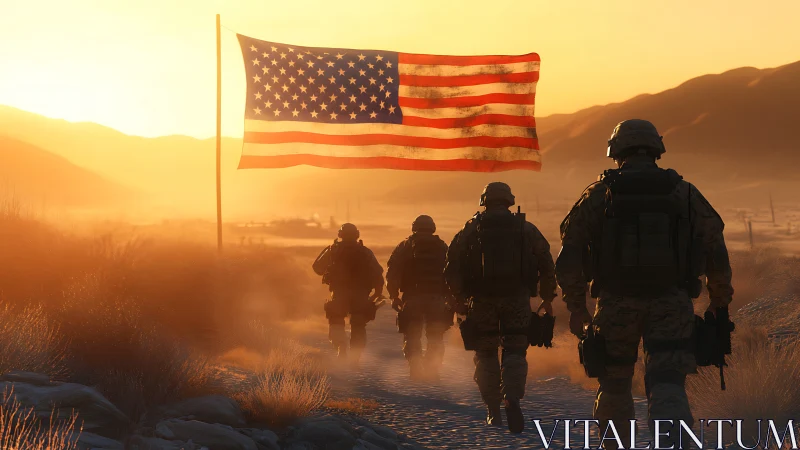 US soldiers march under flag through blazing desert sunset.