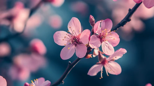 Pink Cherry Blossoms on Dark Branch