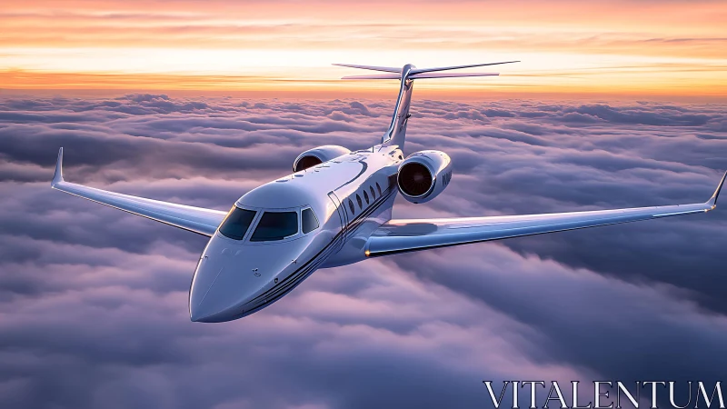 Luxury private jet cruising above clouds at sunrise.