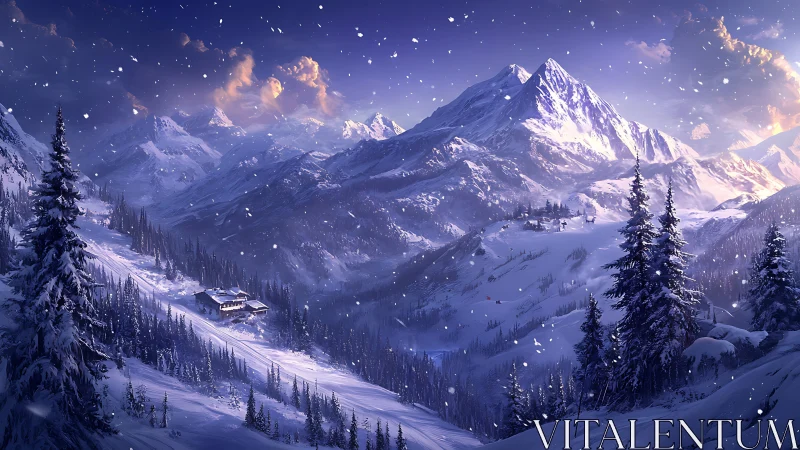 Snow-covered alpine mountainside with distant lodge at dusk.