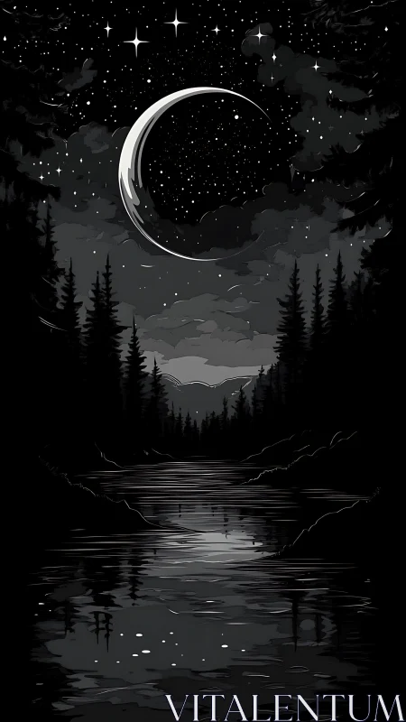Crescent moon hangs above a forest river at night