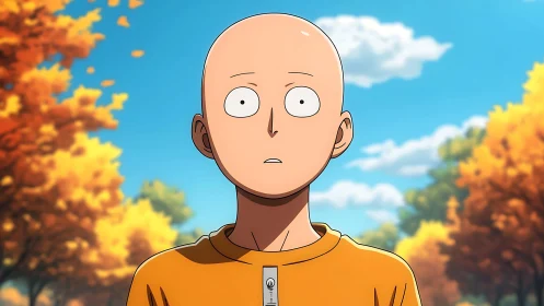 Bald anime character outdoors with autumn foliage background.